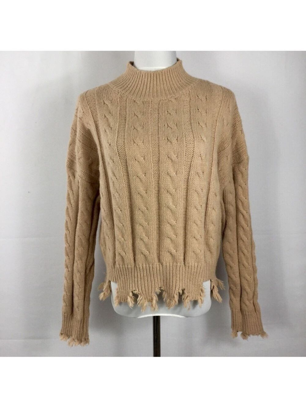 Newbury Kustom Taupe Fringe Cable Knit Sweater Slightly Cropped Size L NWT